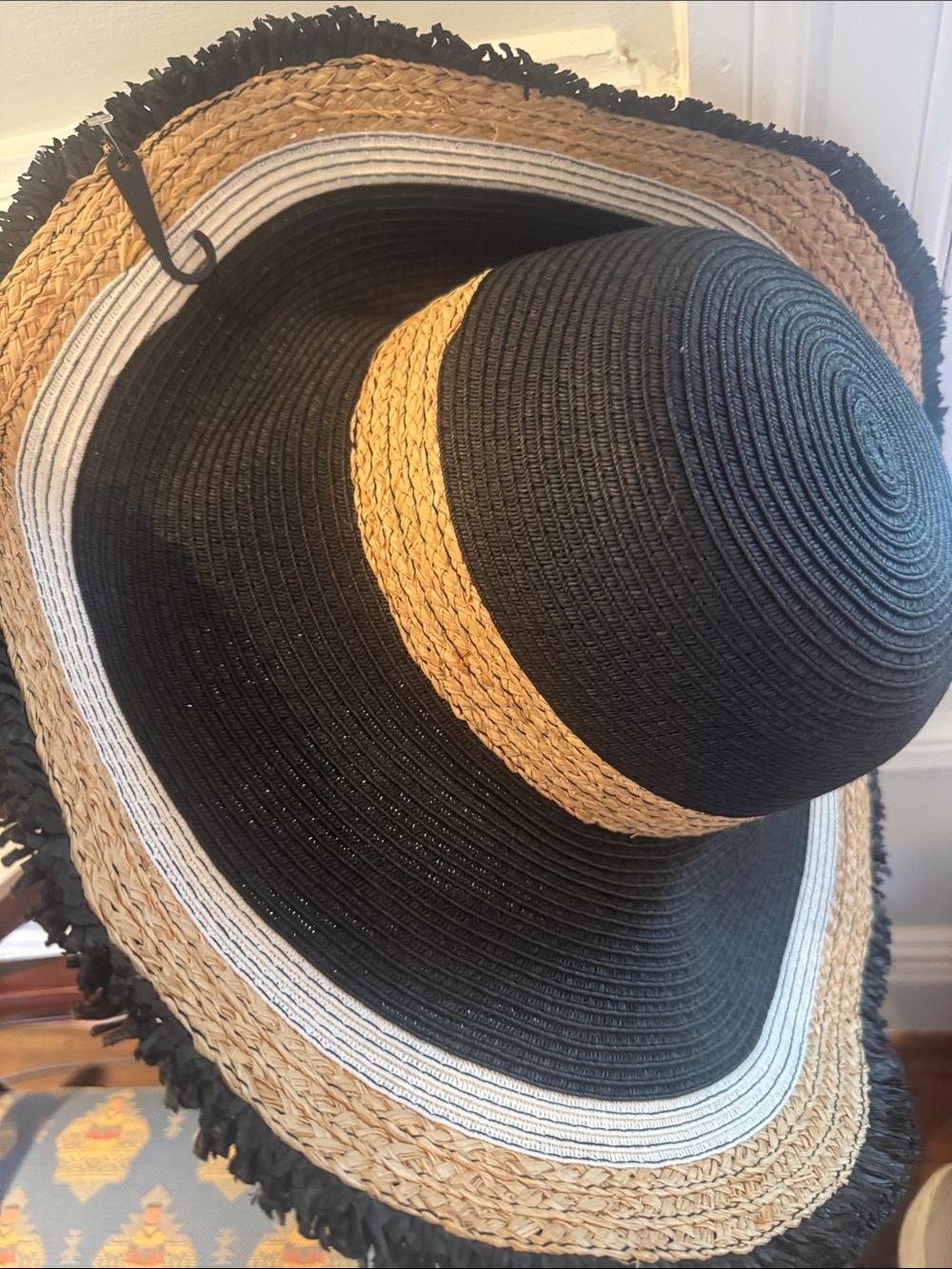 Vince Camuto Black Wide-Brim Raffia infused hat w/ Tan and Cream -Adjustable NWT